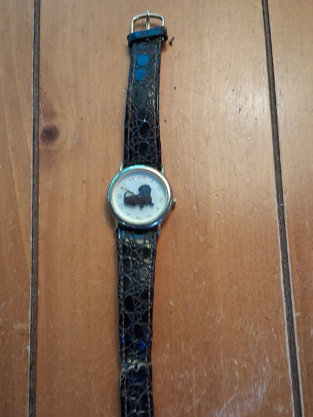 Vintage Black Croc-Texture Watch with Dachshund Silhouette Dial